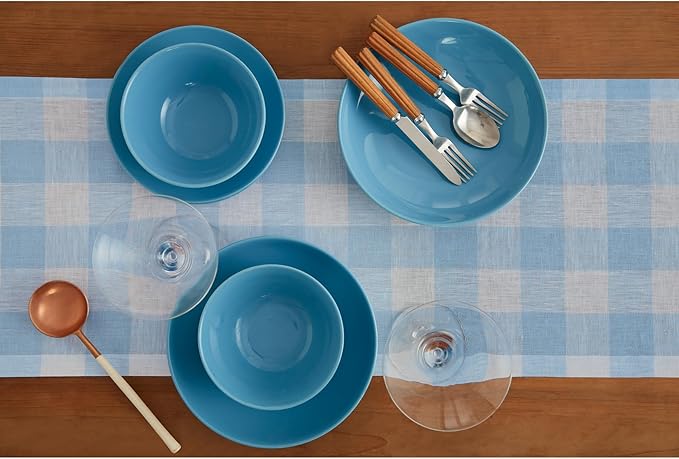 Solino Home Linen Checkered Table Runners 90 Inches Long - 100% Pure Linen Blue Bell Buffalo Check Table Runner 14 x 90 Inch Ideal for Dining, Spring, Easter, Winter