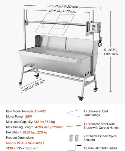 VEVOR Rotisserie Grill, 46in BBQ Outdoor Pig & Lamb Spit Roaster, Charcoal Spit Roaster with 132 LBS Capacity, Wheels, 4-Level Height, Stainless Steel Electric Rotisserie Grill Kit for Camping Outdoor