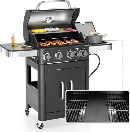 MFSTUDIO 4 Burners Propane Gas Grill and Griddle Combo with Side Burner, 2 in 1 Griddle Grill and Porcelain-Enameled Cast Iron Grates, 46,700 BTU Outdoor Cooking Barbecue Grill, Black