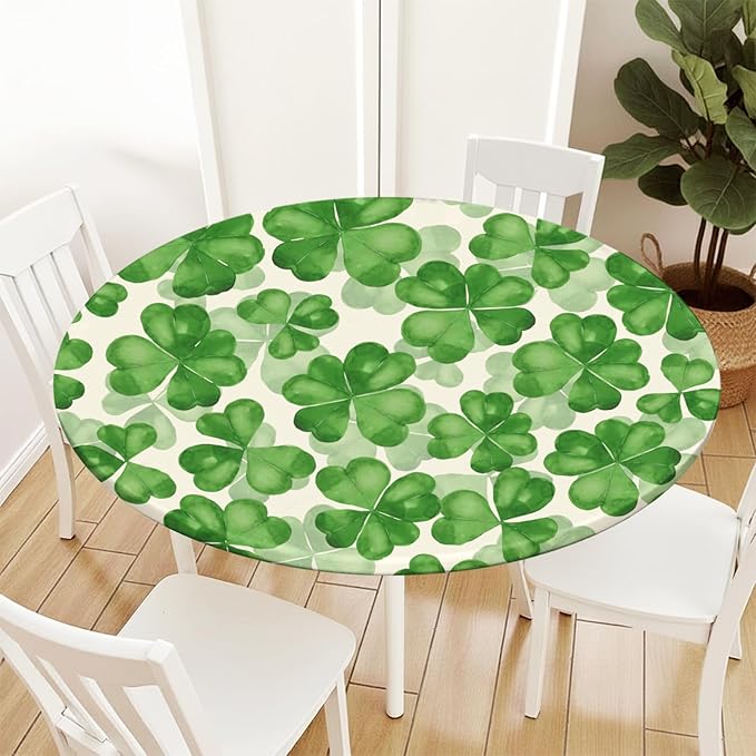 St Patricks Day Round Fitted Tablecloth with Elastic Spring Green Watercolor Shamrock Circle Table Cloth for 44-48" Tables Waterproof Washable Clover Leaf Floral Table Cover for Outdoor Picnic Dining