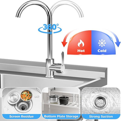 304 Stainless Steel Utility Sink – Free Standing Single Bowl with Workbench, Storage Drawer & Faucet, Hot and Cold Water Pipes for Laundry Room, Farmhouse, Outdoor Use (47")