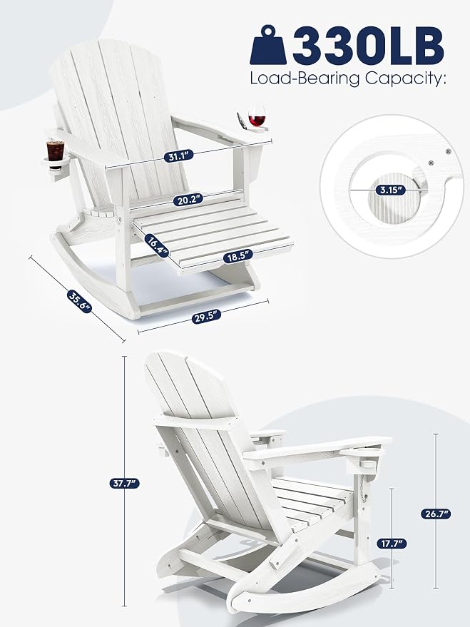 Adirondack Rocking Chair with Ottoman and Cup Holders | HDPE Porch Rocker - Image 2