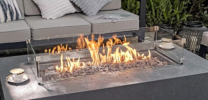 AMS Fireplace | Rectangular Fire Pit Glass Wind Guard for Madison Fire Pit (Light Gray) | Shielded from Patio Heater Flames | Tempered Glass with Polished Edges for Safety | Fire Table Glass Shield