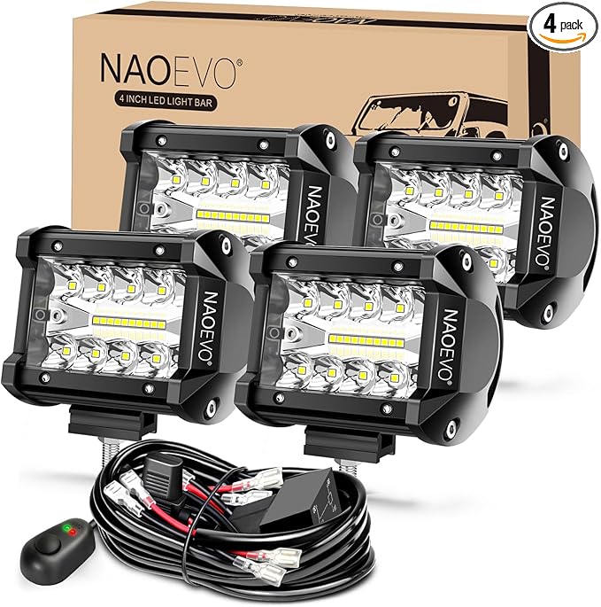 NAOEVO 4 Inch LED Pod Lights, LED Off Road/Driving/Fog Lights with Spot&Flood Combo, Cube Pods for Truck Tractor Boat ATV UTV, 4 Pcs with 4 Leads Wiring Harness (White)