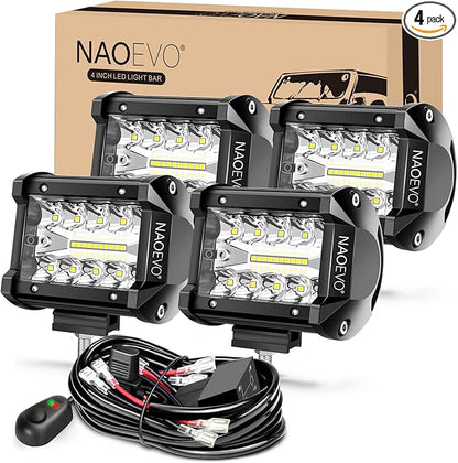 NAOEVO 4 Inch LED Pod Lights, LED Off Road/Driving/Fog Lights with Spot&Flood Combo, Cube Pods for Truck Tractor Boat ATV UTV, 4 Pcs with 4 Leads Wiring Harness (White)