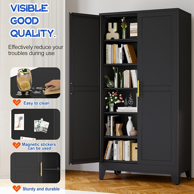 GAIOUS 79'' Tall Metal Garage Storage Cabinet, Home Office Cabinet Black | Home - Image 4