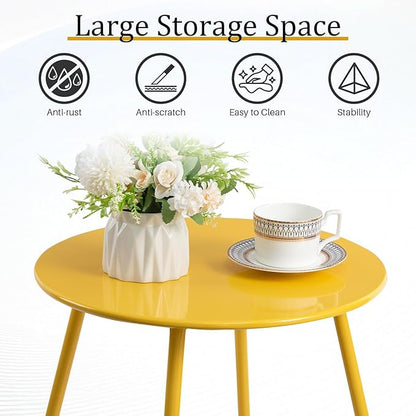 HollyHOME Round Metal Side Table, Rust-Resistant Patio Small Plant Stand, Outdoor 17.32'' Portable End Table for Balconies, Gardens, Living Rooms and Bedrooms, Yellow