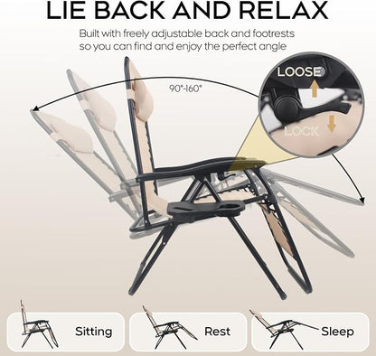 Set of 2 Adjustable Zero Gravity Lounge Chairs Outdoor Recliner w/Cup Holder - Image 5