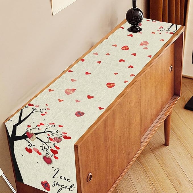 Valentines Day Table Runner,Rustic Love Tree Red Black Heart Valentines Runner for Table Seasonal Artistic Decor for Indoor Outdoor Dining Table Decorations, 13"x72"