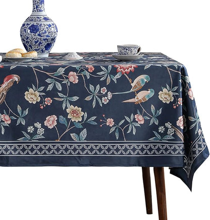 patdrea Designer Dark Blue Linen Rectangular Tablecloth,Vintage Navy French Floral and Birds Pattern Table Cloth,Decoration Table Cover for Kitchen,Dining,Tea Party,Home,Christmas,67"*118"