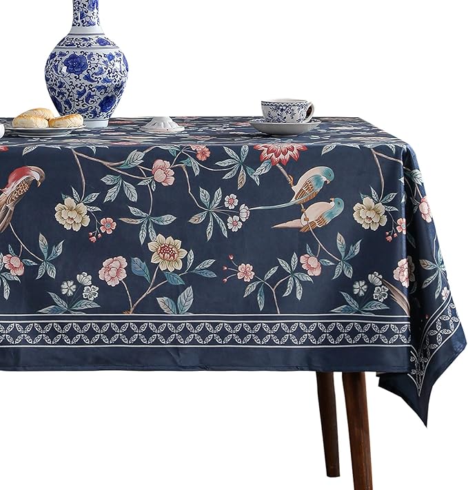 patdrea Designer Dark Blue Linen Rectangle Tablecloth,Vintage Navy French Floral and Birds Pattern Table Cloth,Decoration Table Cover for Kitchen,Dining,Tea Party,Home,Christmas,63"*87"