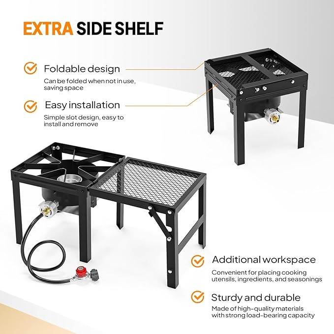 Bonnlo Single Burner Propane Stove with Foldable Side Shelf, 75000BTU Portable Propane Burner with Adjustment Regulator, Gas Stove for Outdoor Camping Patio Cooking Turkey Frying Seafood Boiling