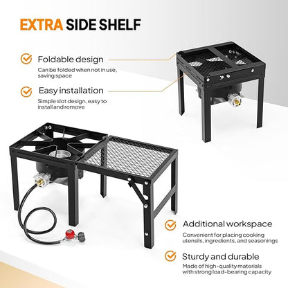 Bonnlo Single Burner Propane Stove with Foldable Side Shelf, 75000BTU Portable Propane Burner with Adjustment Regulator, Gas Stove for Outdoor Camping Patio Cooking Turkey Frying Seafood Boiling