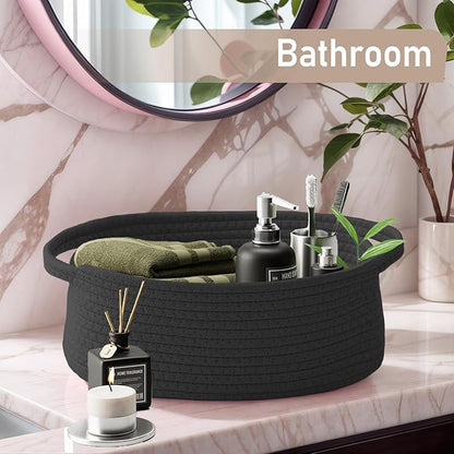 Woven Basket,Small Rope Storage Bin with Handles & Ribbon Bag, Organizer for Shelves Closets,Gift Basket Empty for Birthday,Books,Dog Toys, Black/3 Pack