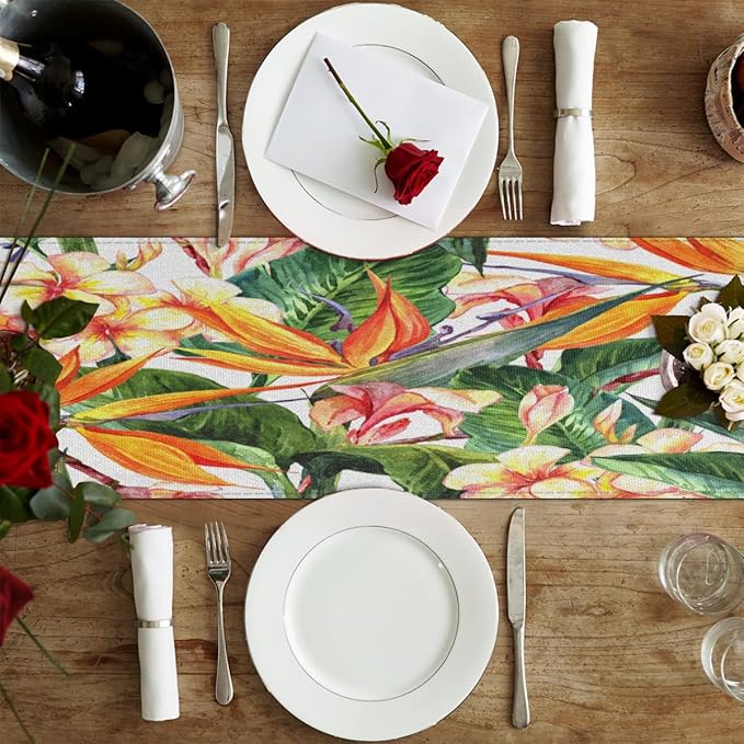 Tropical Exotic Flowers Bird Paradise Table Runner Kitchen Dining Table Runner 13*36in Table Center Decor for Indoor Outdoor Home Holiday Party