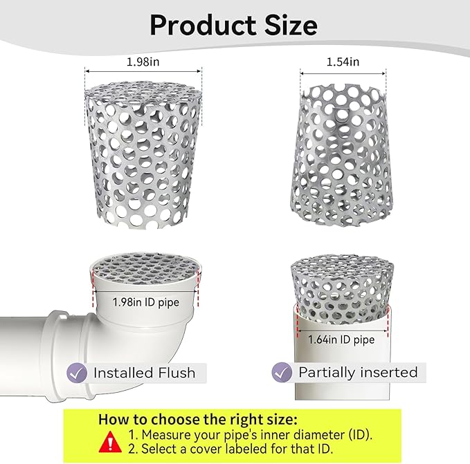 PVC Termination Cap Stainless Steel Mesh Screen Vent Cover - 2Pack, for 1.64" to 1.98" Inner Diameter Furnace and Roof Vent Pipe, Conical Exhaust Pipe Cover End Porous Is More Conducive To Drainage