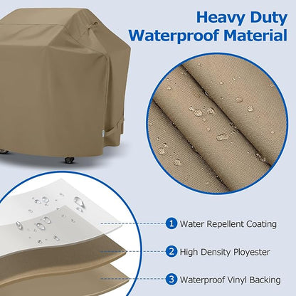 SunPatio BBQ Grill Cover for Outdoor Grill 65 Inch, Heavy Duty Waterproof Barbecue Cover with Sealed Seam, FadeStop All Weather Protection Compatible for Weber CharBroil Nexgrill and More, Taupe