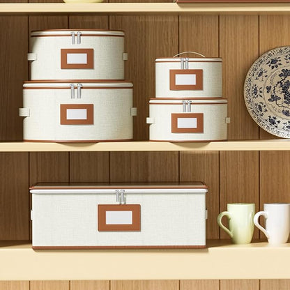 Aokeyee 4 Pcak China Storage Containers, Hard Shell Plates Storage Box with 48 Soft Divider for Saucer, Dessert, Salad, Dinner, Sturdy Quilted Stackable Dish Organizer for Moving & Protection, Ivory