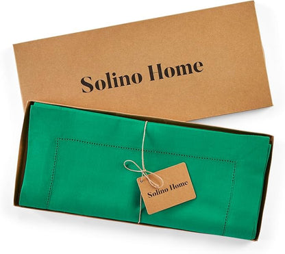 Solino Home Linen Hemstitch Table Runner 120 Inches Long - 100% Pure Linen Emerald Green Table Runner 14 x 120 Inch for St Patricks Day - Classic Hemstitch