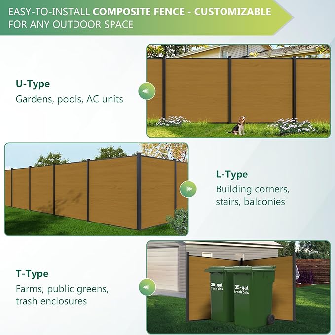 Mondaria Fence Privacy Screen with 8ft In-ground Posts, 6ft(H) x30ft(W) Wood Plastic Composite Fence Panels Weather-Resistant Outdoor Fence for Backyard/Garden (Yellow Teak, 6 Posts)