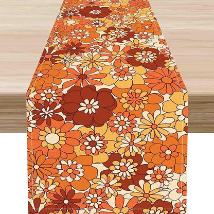 Orange Floral Table Runner, Retro Groovy 70s Hippie Floral Funky Cute Flower Trippy Coffee Table Center Decor For Home Kitchen Dining Patio Holiday Party Indoor Outdoor Table Decorations, 13"x90" Inch