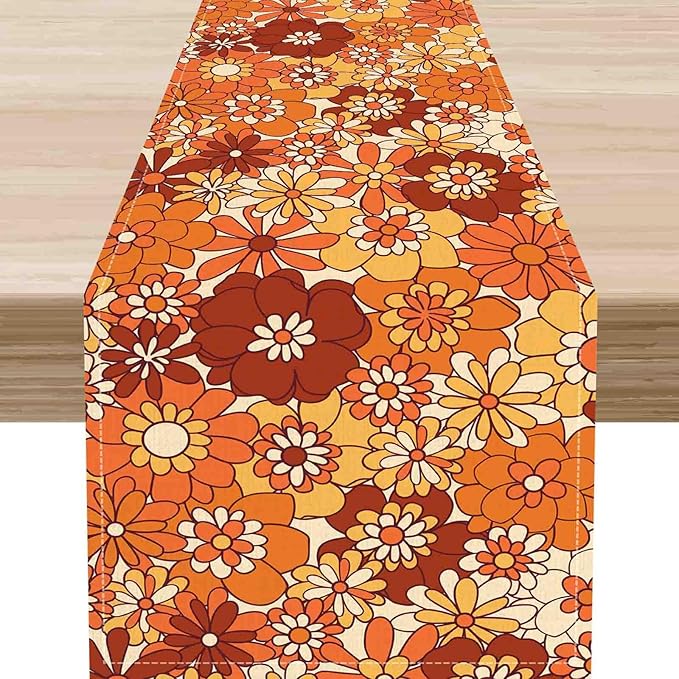 Orange Floral Table Runner, Retro Groovy 70s Hippie Floral Funky Cute Flower Trippy Coffee Table Center Decor for Home Kitchen Dining Patio Holiday Party Indoor Outdoor Table, 13"x108" Inch