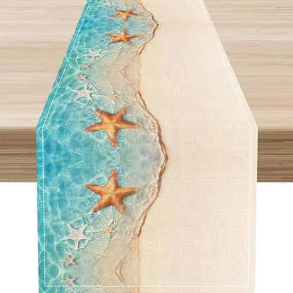 Summer Ocean Starfish Table Runner, Tropical Coastal Blue Sandy Clear Sea Water Waves Coffee Table Center Deco, for Family Kitchen and Living Room Farmhouse Party Table Decorations, 13" X 108"