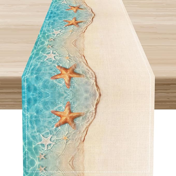 Summer Ocean Starfish Table Runner, Tropical Coastal Blue Sandy Clear Sea Water Waves Coffee Table Center Deco, for Family Kitchen and Living Room Farmhouse Party Table Decorations, 13" X 90"