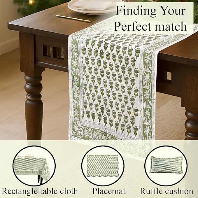 CPC Cotton Table Runner 16x60 Inch Block Printed Long Fall Table Runner for Dining Table, Card Table, Coffee Table, Wedding, Farmhouse & Outdoor Barbeque-Emerald Green
