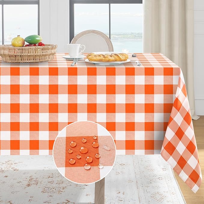 Softalker Gingham Checkered Tablecloth Rectangle - Outdoor Waterproof Buffalo Plaid Table Cloth, Stain Resistant Washable Table Cover for Picnic, Camping, Dining - Orange and White, 60 x 102 Inch