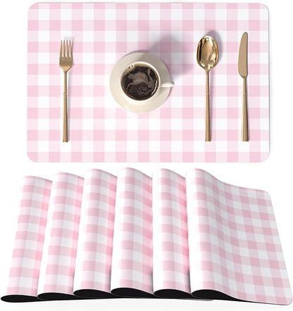 QIYI Placemats Set of 6, 12x18 Inch Faux Leather Place Mats for Kitchen Dinning, Heat Resistant Anti Slip Grid Table Mats, Waterproof Wipeable Washable Placemat Party Table Décor, Pink Gingham Check