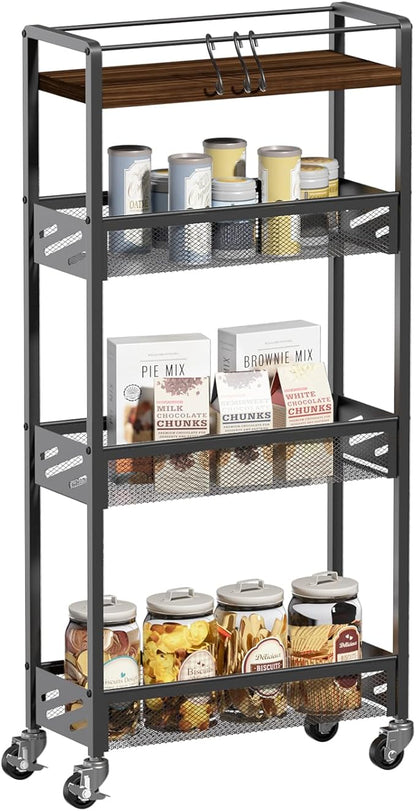 DGSNADGO Slim Rolling Storage Cart, 4-Tier Kitchen Cart on Wheels, Narrow Utility Cart with Handle and Wooden Tabletop for Small Space in Kitchen, Living Room, Bathroom, Rustic Brown and Black