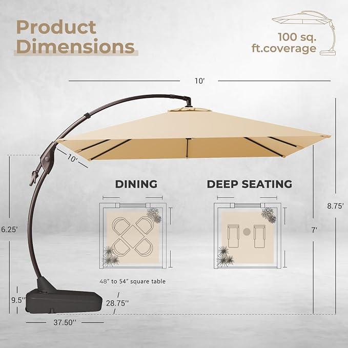 Grand patio 10x10 FT Sunbrella Cantilever Square Umbrella - Image 4