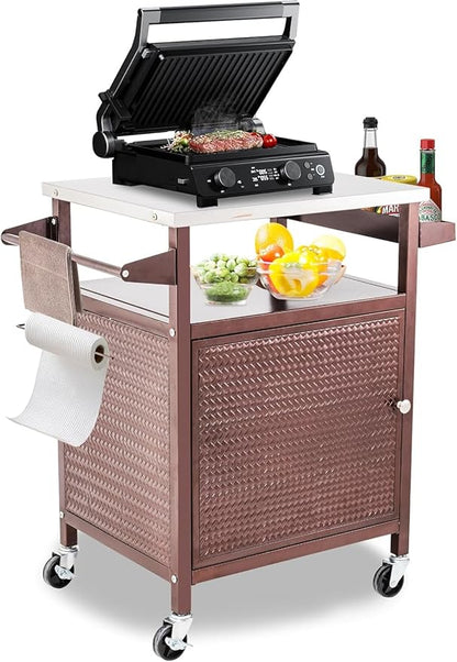 Outdoor Pizza Oven Table,Outdoor Table with Waterproof Cover, Movable Pizza Oven Stand Tables (Brown)