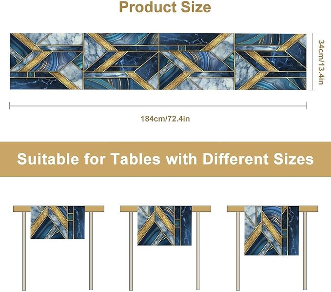 Marble Texture Table Runner, Dark Blue Gold Modern Mosaic Design Table Runner Decoration for Kitchen Family Dinner Table Holiday Party Farmhouse 13x70in