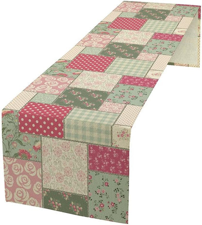 Patchwork Flowers Table Runner, Boho Plaid Floral Retro Romantic Rose Plants Table Runner for Dining Coffee Party Holiday Farmhouse 13x70in