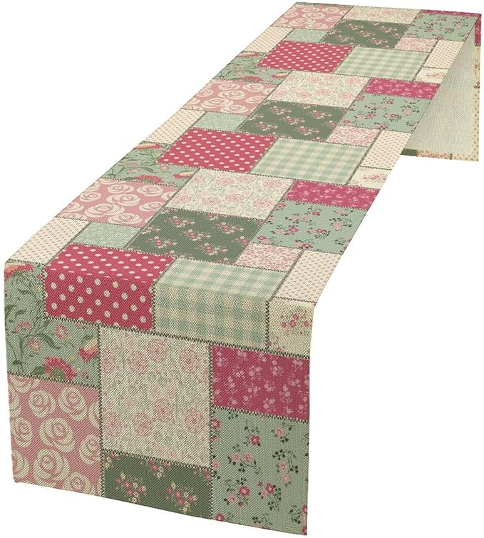 Patchwork Flowers Table Runner, Boho Plaid Floral Retro Romantic Rose Plants Table Runner for Dining Coffee Party Holiday Farmhouse 13x60in