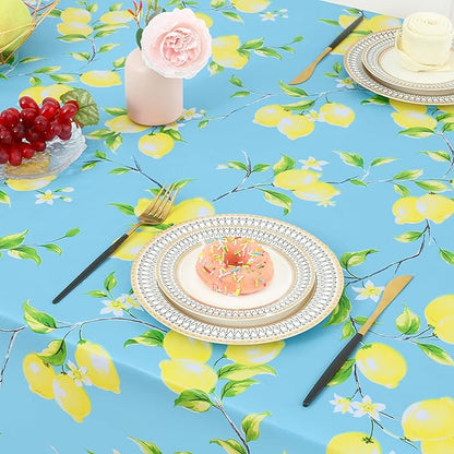 misaya Rectangle Waterproof Vinyl Table Cloth, Wipeable Tablecloth with Flannel Backing, Plastic Table Cover for Dinner, Picnic, Indoor and Outdoor (Lemon, 60" x 84")