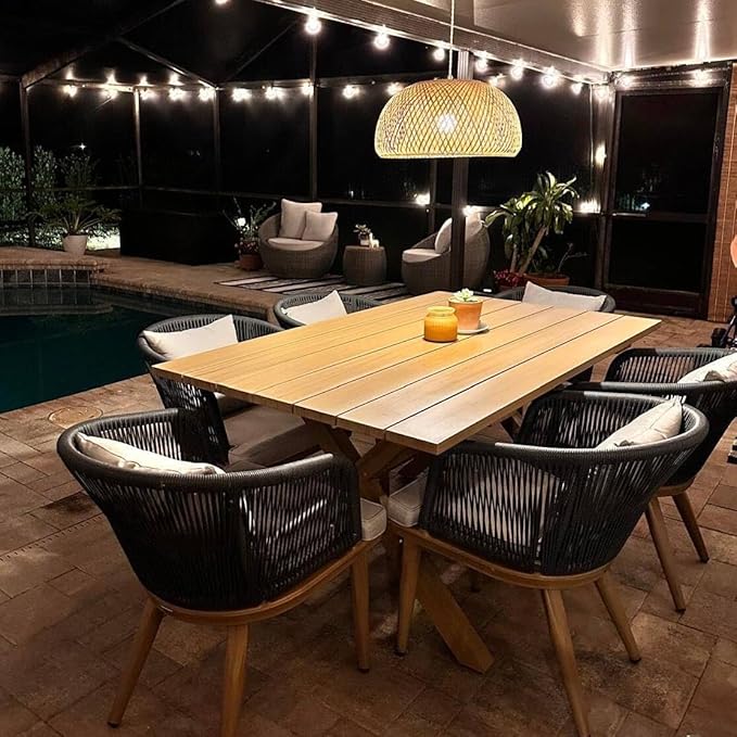 PURPLE LEAF 7 Pieces Patio Dining Set Wicker Outdoor Furniture Rectangular Table and Chairs Set for Garden Deck Teak-Finish Aluminum Frame Backyard Kitchen Set, Cushions and Pillows Included