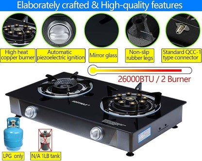 Propane Stove 2 Burner Gas Stove Novel 9 Copper Propane Burners Auto Ignition Tempered Glass with LPG CSA Hose for Outdoor Cooking,Emergency