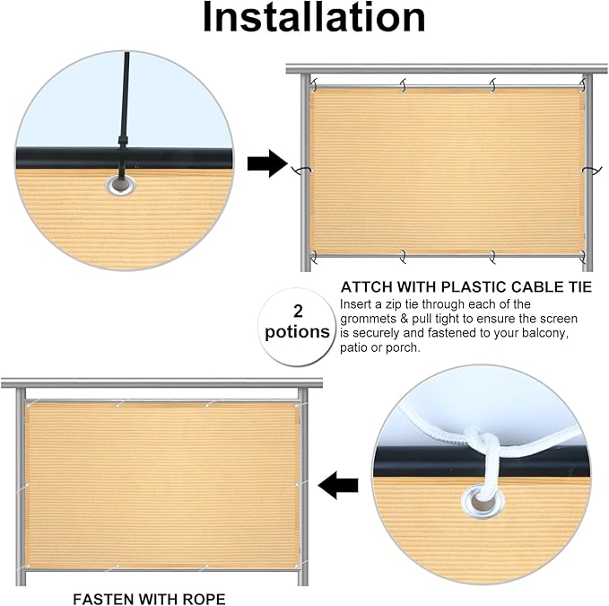 Eden's Decor Balcony Privacy Screen Beige 4'x 26' Cover Mesh Windscreen Weather-Resistant UV Protection for Backyard Deck, Patio, Balcony, Pool, Porch, Fence, Railing, Gardening