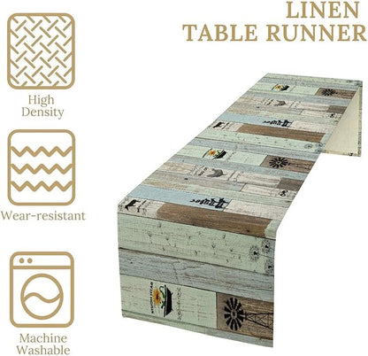 Rustic Farmhouse Table Runner, Vintage Country Blue Green Wooden Board Cow Chicken Pig Windmill Print Table Runner for Kitchen Dining Room Wedding Party Decor, 13x108inch