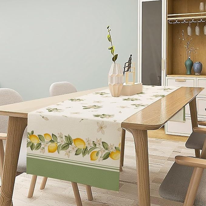 Lemon Spring Table Runner, Farmhouse Rustic Summer Flower Leaves Table Cover for Home Kitchen Dining Room Table, 13x108inch