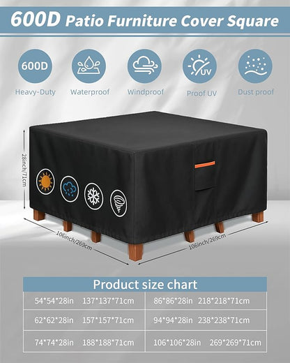 Outdoor Waterproof Furniture Cover, 106W x 106L x 28H inches Heavy Duty 600D Square Table and Chair Set Protection, Black