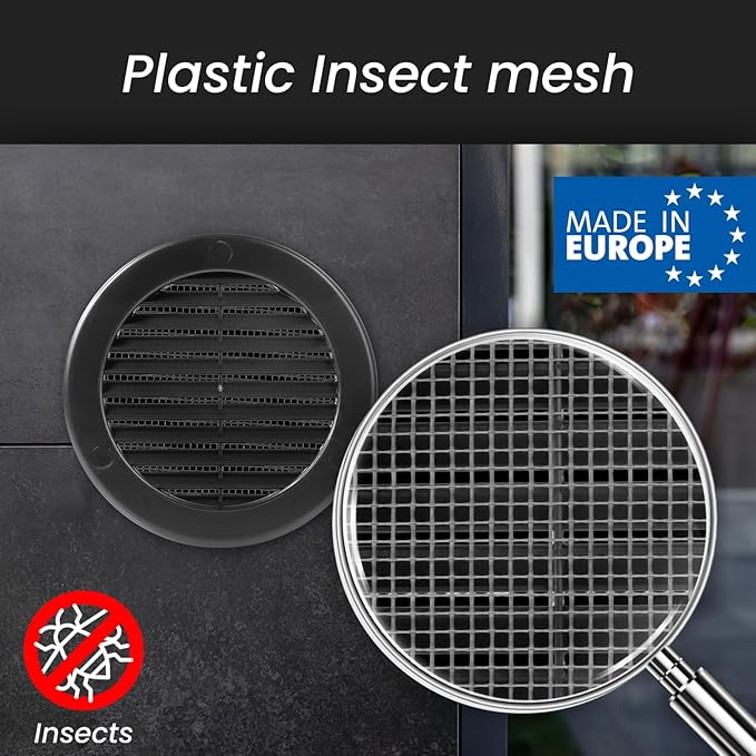 Repa Market 4 Inch (Opening) Black Round Air Vent Cover - Pack of 5 Plastic Fresh Air Intake Vent - Grill Cover with Nylon Mesh Screen - Wall or Ceiling HVAC Return Air Register - Modern Soffit Vents