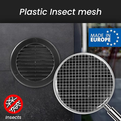 Repa Market 4 Inch (Opening) Black Round Air Vent Cover - Pack of 5 Plastic Fresh Air Intake Vent - Grill Cover with Nylon Mesh Screen - Wall or Ceiling HVAC Return Air Register - Modern Soffit Vents
