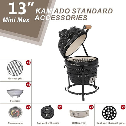 VINGLI 13" Kamado Charcoal Grill Portable Barbecue Grill BBQ Kettle Stand Lid Perfect for Outdoor Camping Patio Backyard Picnic