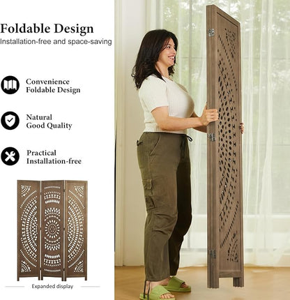 Room Divider Wood Carved Wall Divider Indoor Folding Bohemian Style Portable Partition Screen for Home Office Garden Terrace - 3 Panels (Brown)