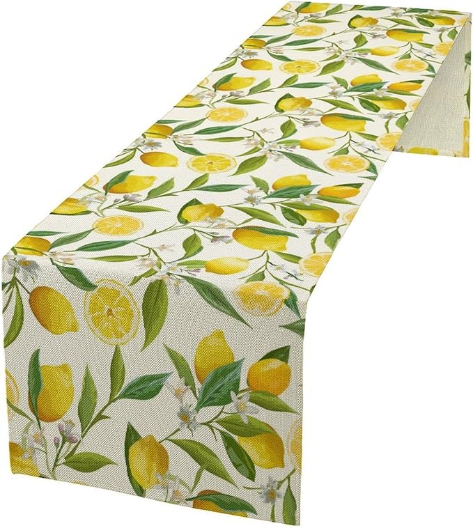 Lemon Table Runner, Summer Fruits Green Leaves Flower Plant Table Runner for Farmhouse Coffee Home Kitchen Dining Party Outdoor 13x120in