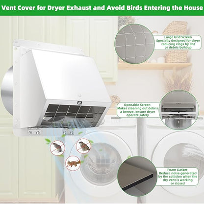 6 inch wall vent Cover Dryer Vent Cover Outside Exhaust Vent Cover Cap,Wall Mount Extractor Vent with Mesh & Cushioned Flap,Exterior Wall Vent Hood Outlet Air Vent for Range Hood Duct HVAC Ventilation